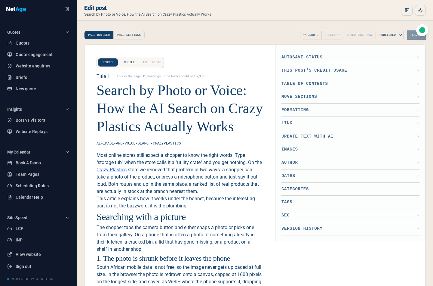 The blog.gogee.ai article editor with the live article preview on the left and collapsible panels for formatting, AI, images, author, dates, categories, tags, SEO and version history on the right