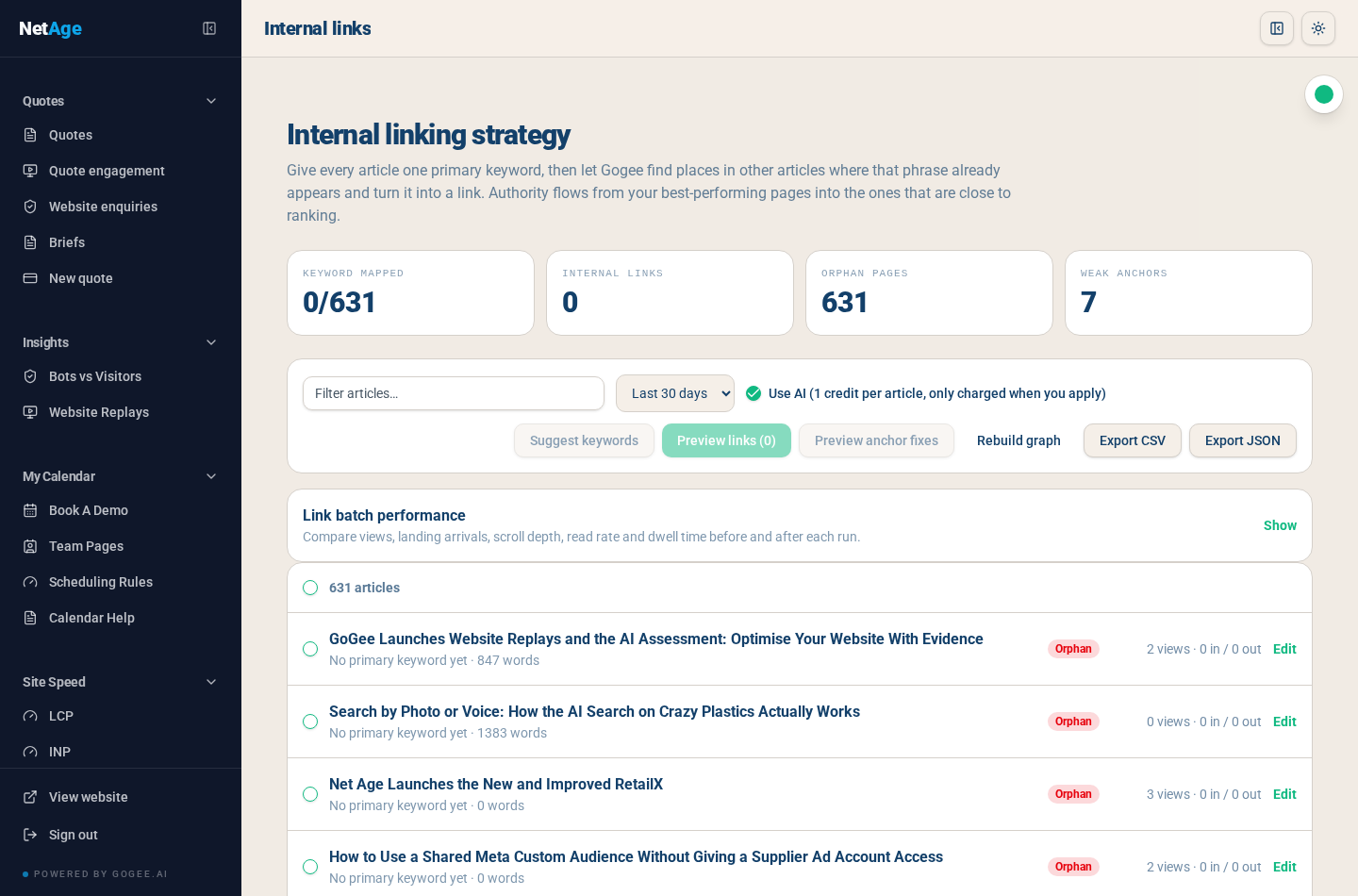 The internal linking strategy screen showing keyword mapping, internal link counts, orphan pages, weak anchors and per-article link previews