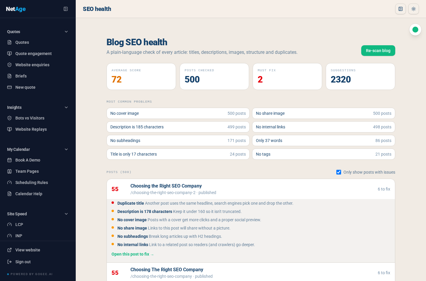 The blog SEO health screen showing an average score, posts checked, must-fix issues, suggestions, the most common problems and per-article issue lists